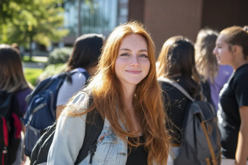 Young woman with long red hair smiling while standing on a college campus with peers in the background