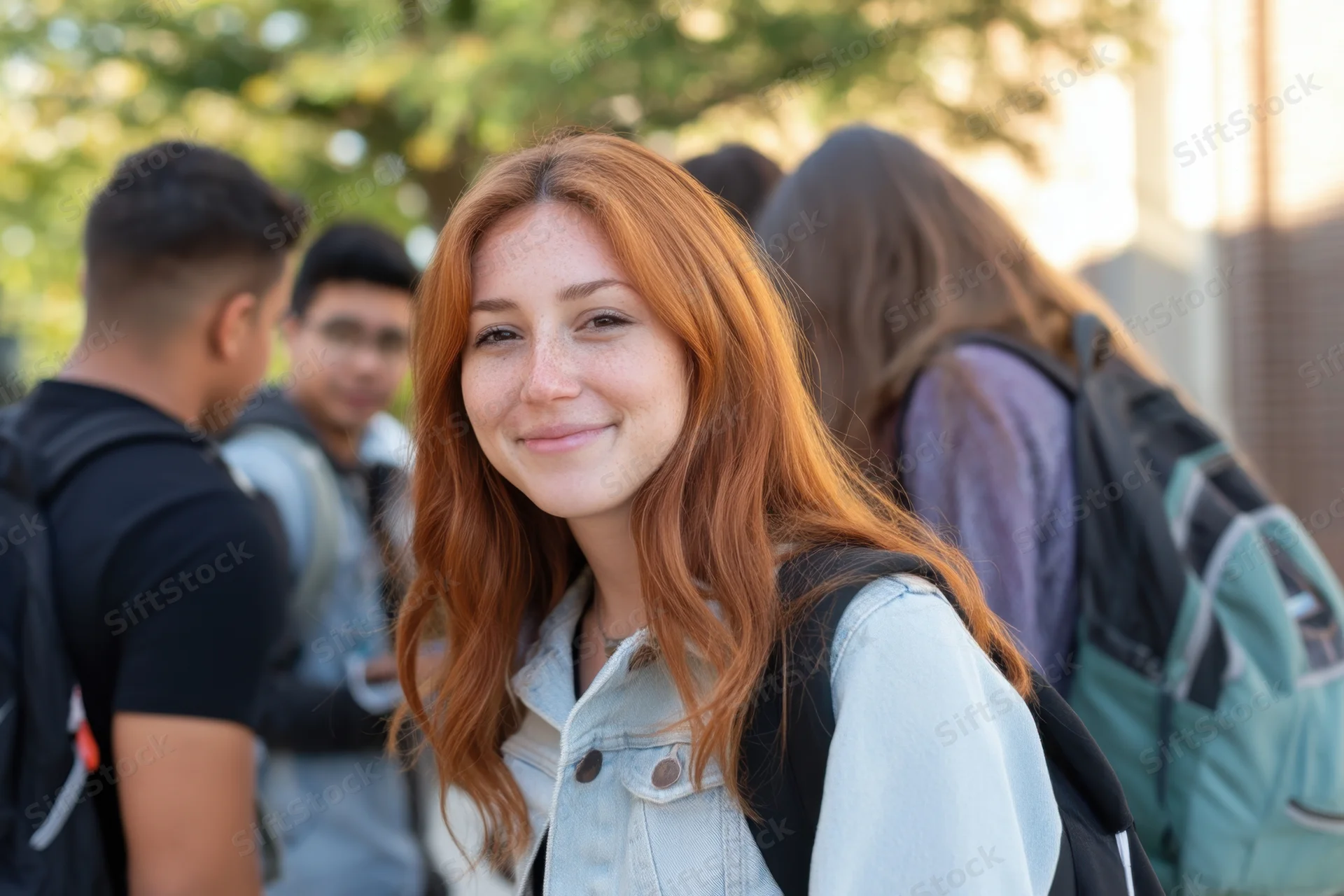 Young woman with long red hair smiling while wearing a denim jacket and backpack on a college campus