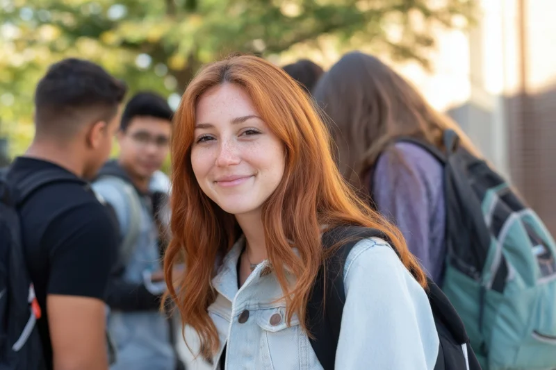 Young woman with long red hair smiling while wearing a denim jacket and backpack on a college campus