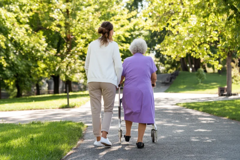 Younger woman walking beside elderly woman using walker on park path
