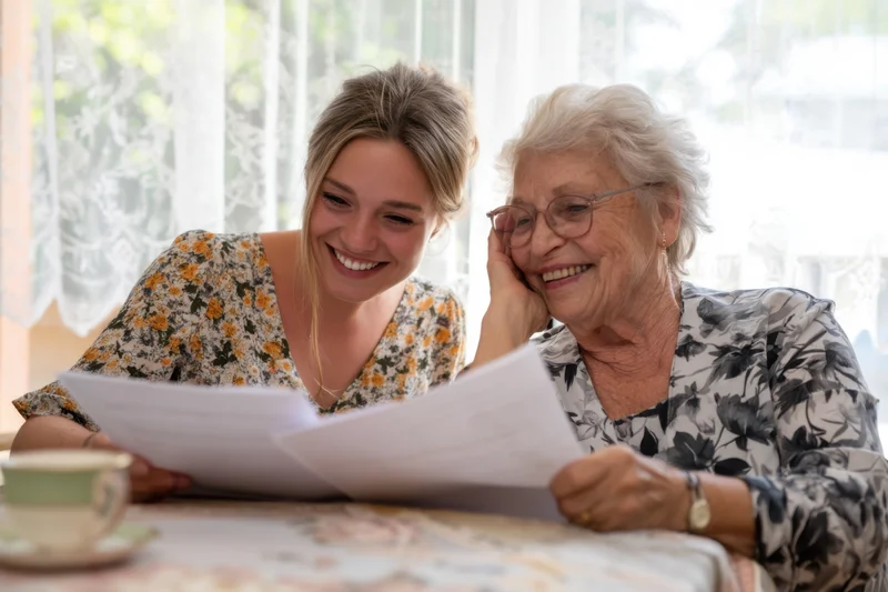 Younger woman and elderly woman smiling while reading documents together at a table in a sunlit home