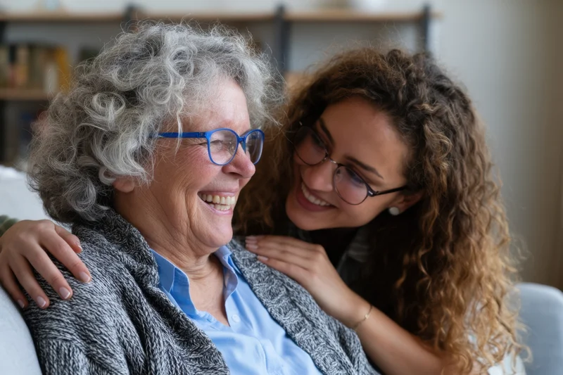 Senior woman laughing while embraced by young woman on living room sofa