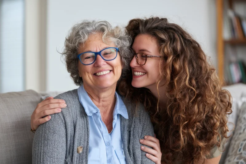 Senior woman and young woman hugging on a sofa in a living room