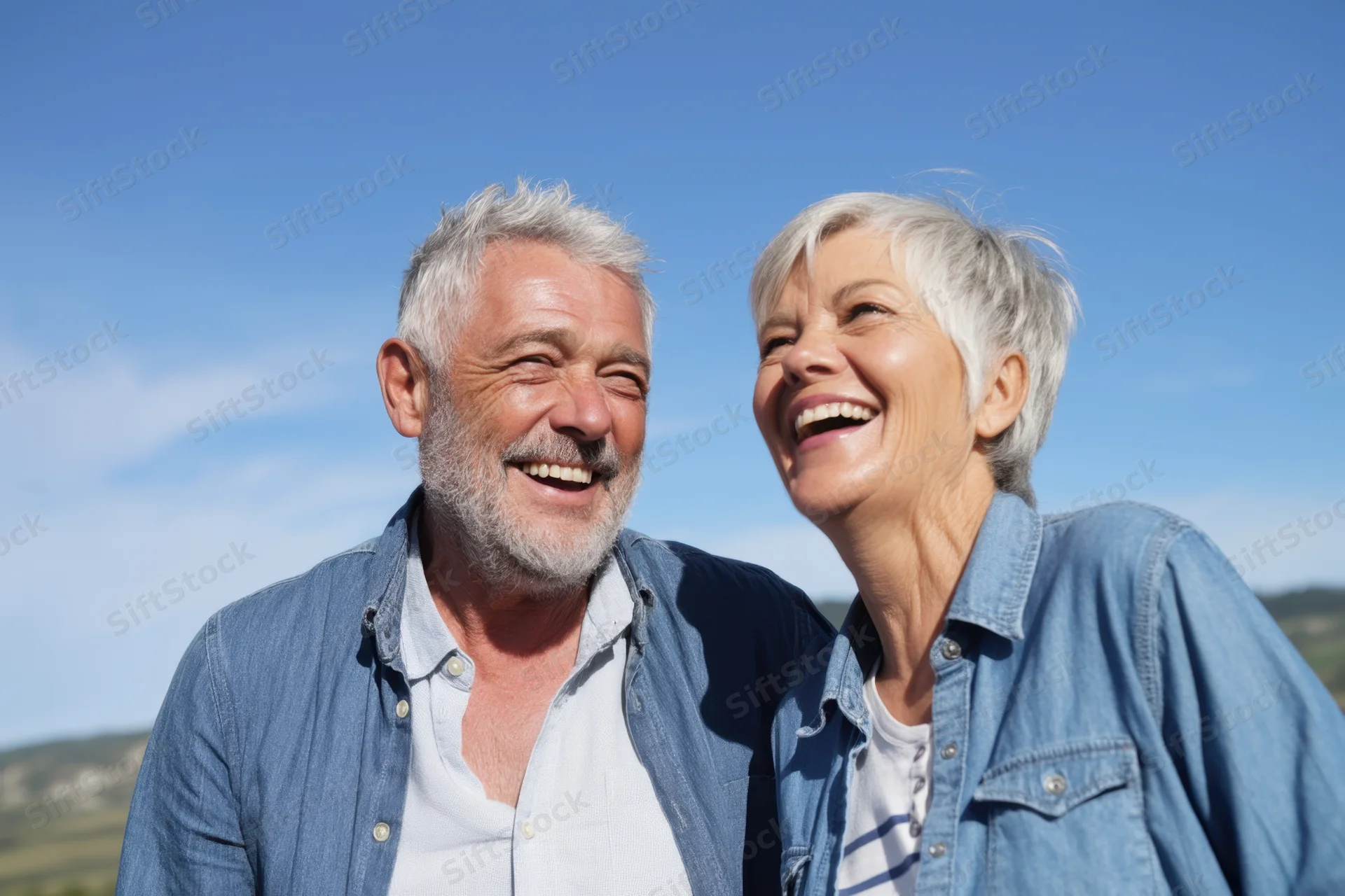 Elderly couple laughing together outdoors under a clear blue sky