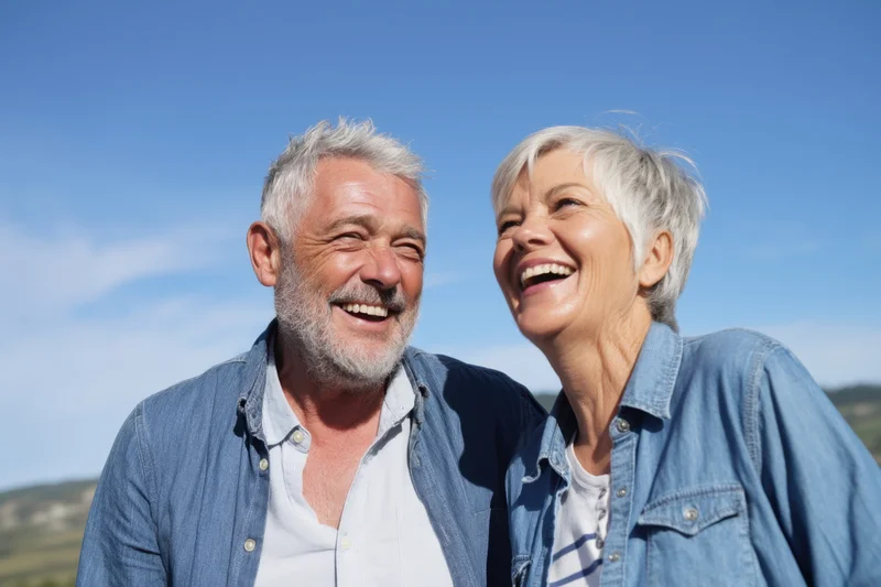 Elderly couple laughing together outdoors under a clear blue sky