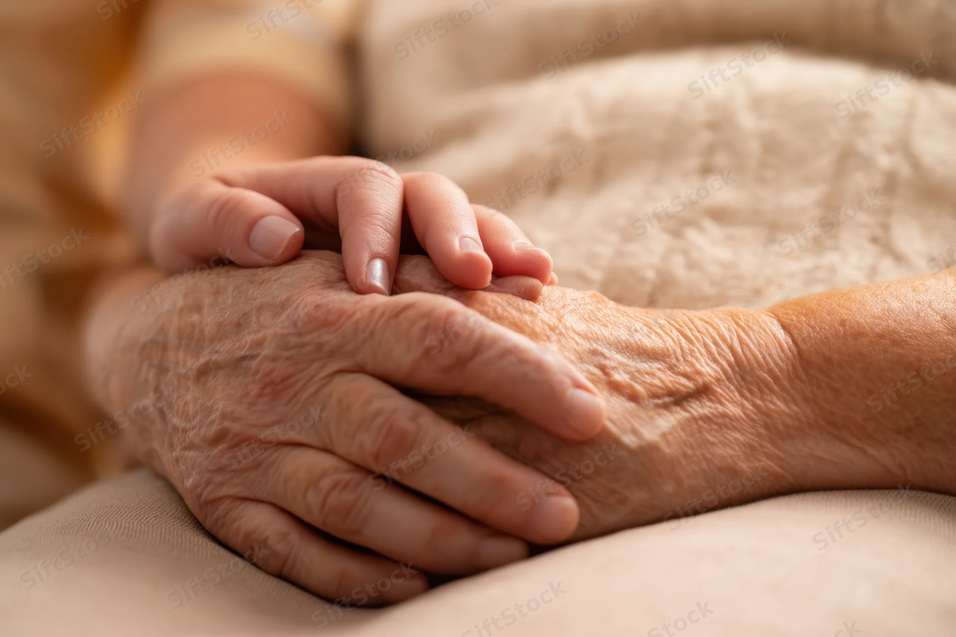 Elderly hands clasped with a younger hand resting on top, on a soft blanket in bed