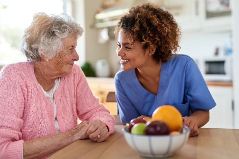 Elderly woman and caregiver smiling at each other across a kitchen table with a fruit bowl in front