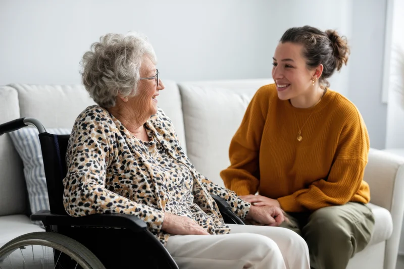 Elderly woman in wheelchair smiling during conversation with caregiver on sofa