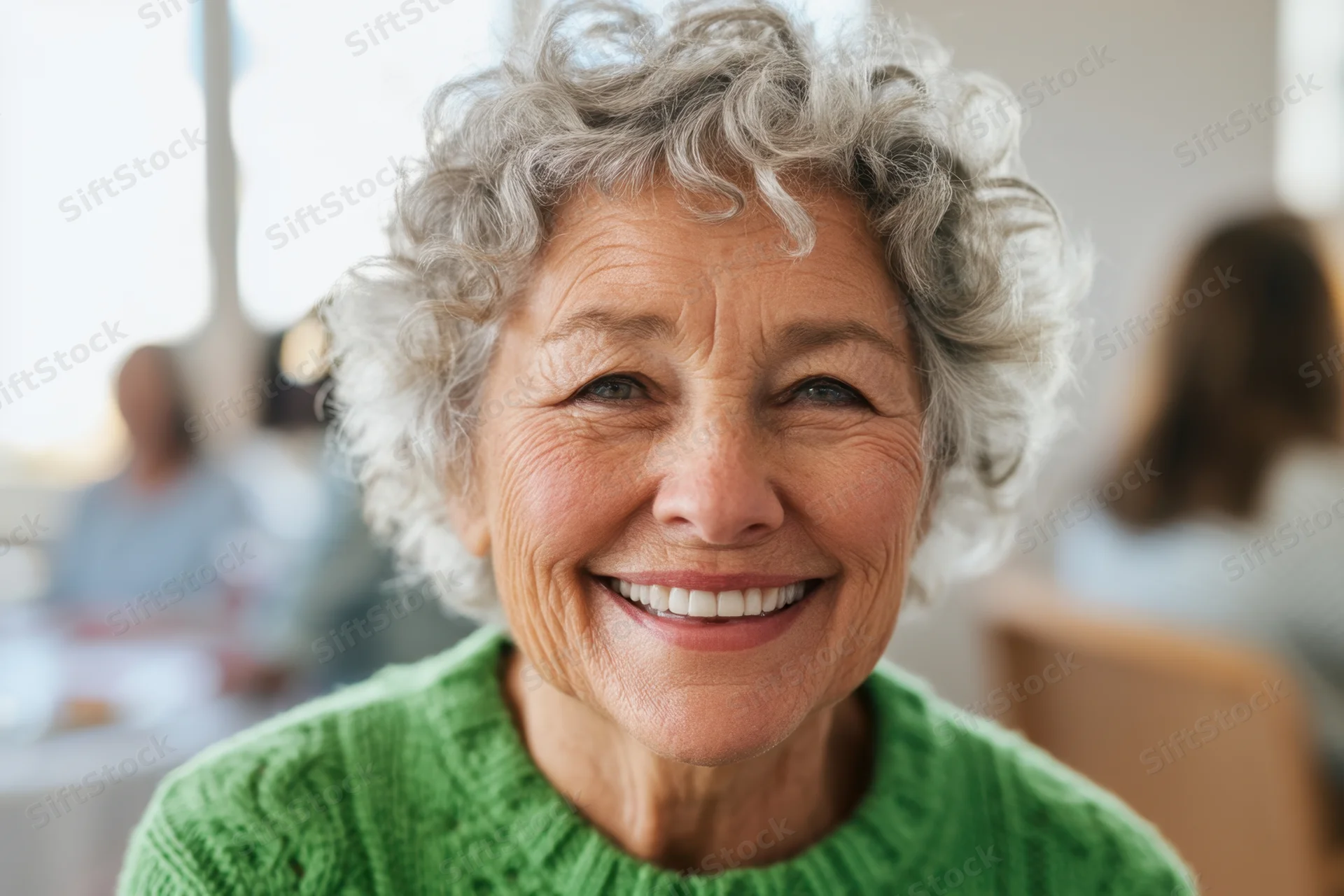 Smiling senior woman with short curly gray hair wearing a green knit sweater indoors