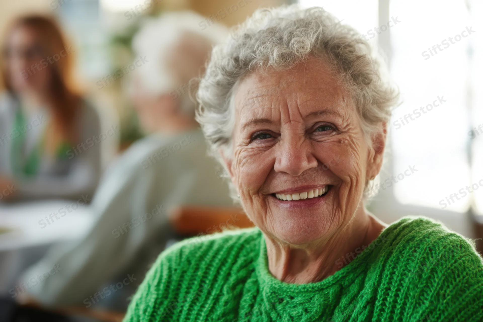 Elderly woman smiling warmly in a green knitted sweater indoors with blurred people in the background