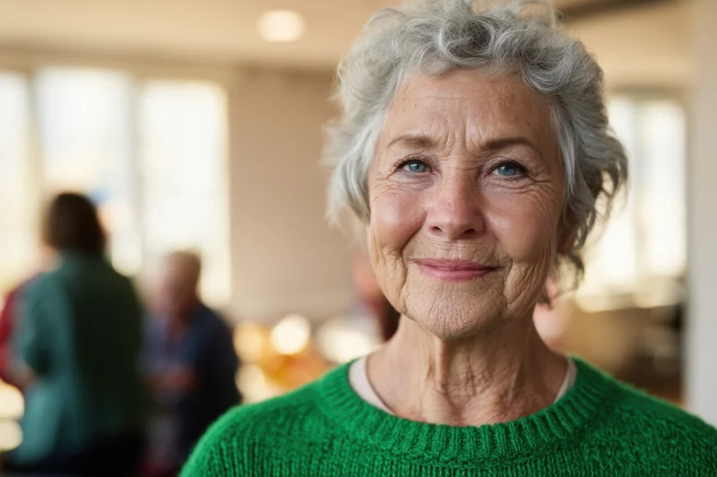 Elderly woman with short curly gray hair smiling warmly in an indoor setting