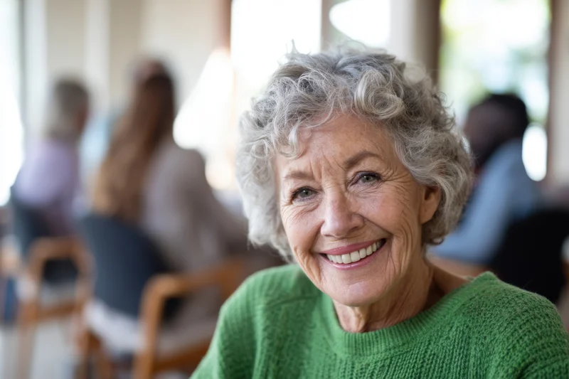 Elderly woman smiling warmly in a bright indoor setting with blurred people in the background