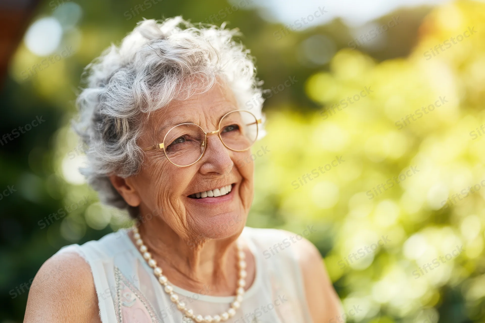 Elderly woman smiling outdoors in a garden wearing round gold glasses and a pearl necklace