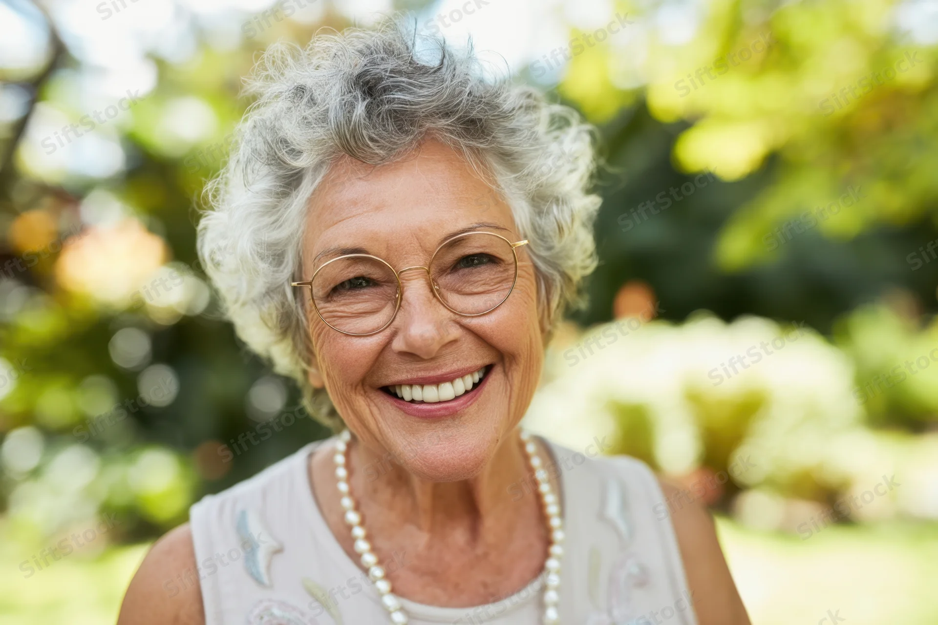 Smiling senior woman with curly gray hair and round gold glasses outdoors in a garden