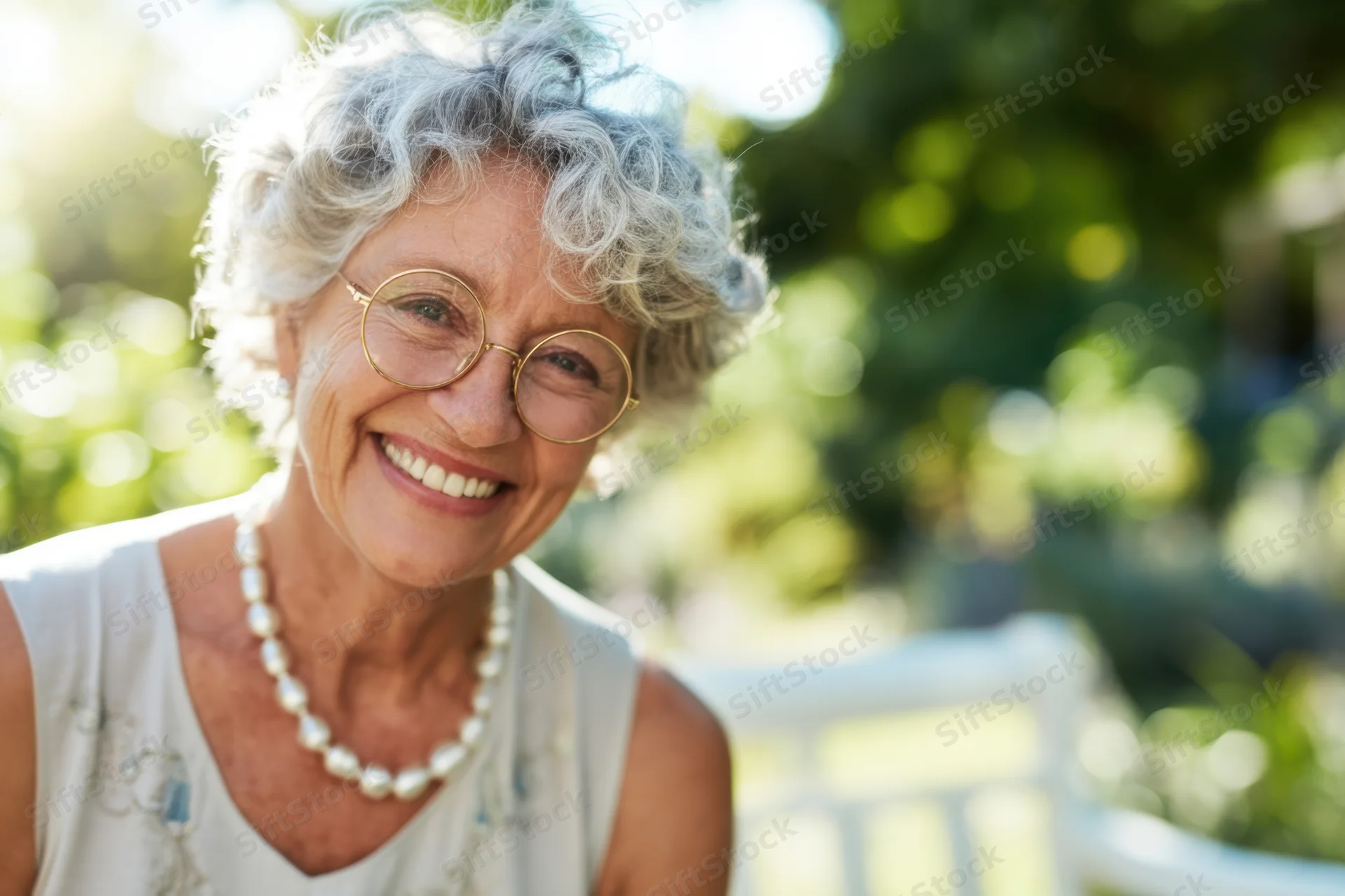 Smiling senior woman with curly gray hair and round gold glasses outdoors in a garden