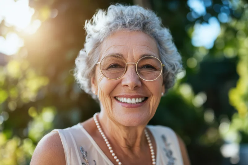 Smiling senior woman with round gold glasses and pearls in a sunlit garden