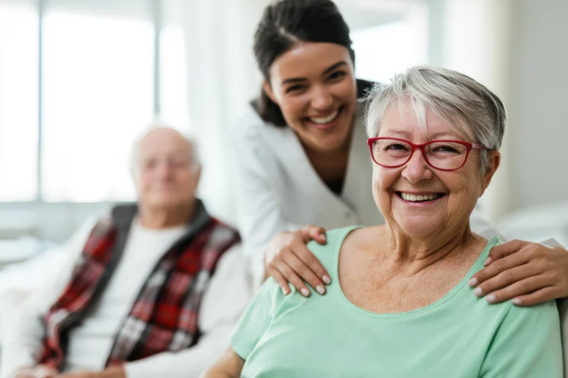 Elderly woman smiling with red glasses as caregiver places hands on her shoulders in a bright living room
