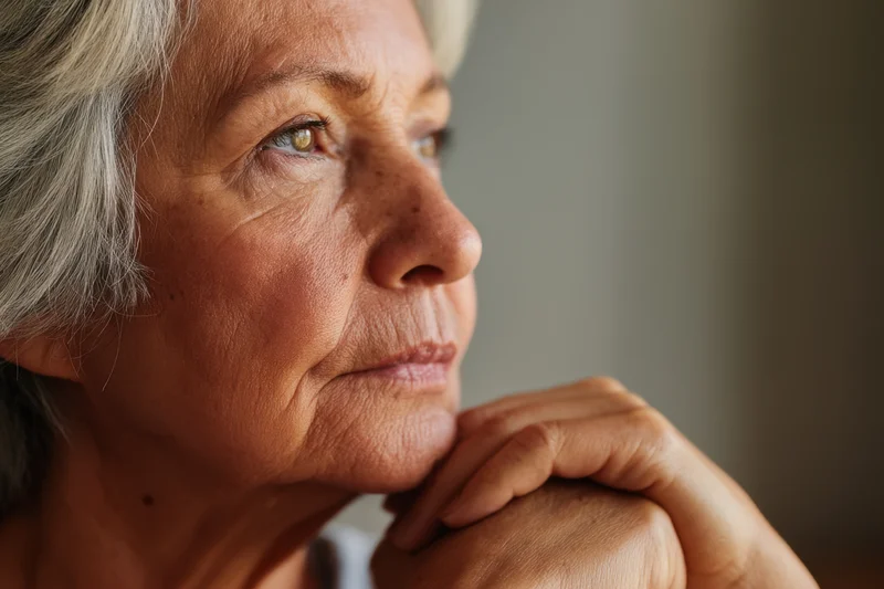 Elderly woman in profile resting chin on clasped hands indoors