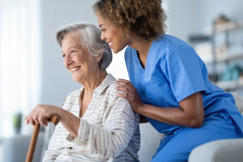 Senior woman smiling while being comforted by a caregiver in a home setting