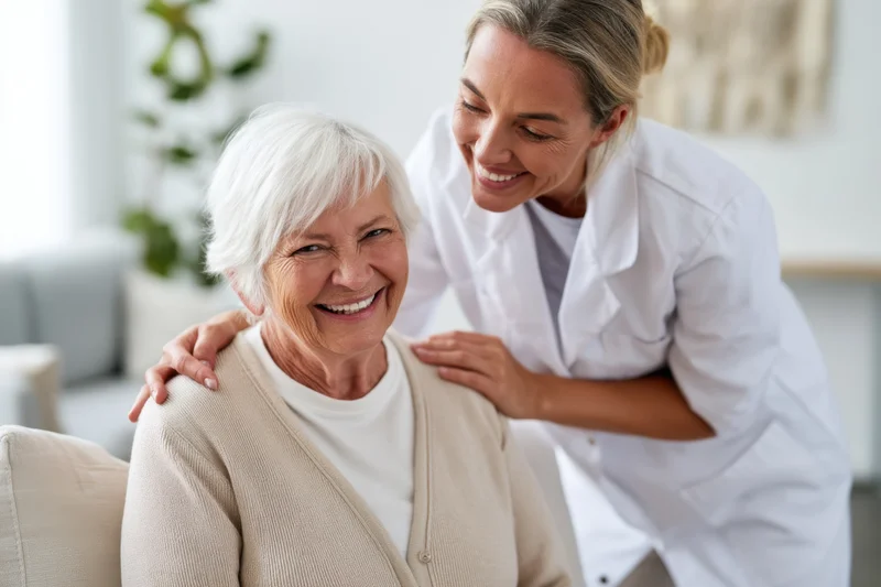 Senior woman smiling as nurse places hands on her shoulders in a home setting