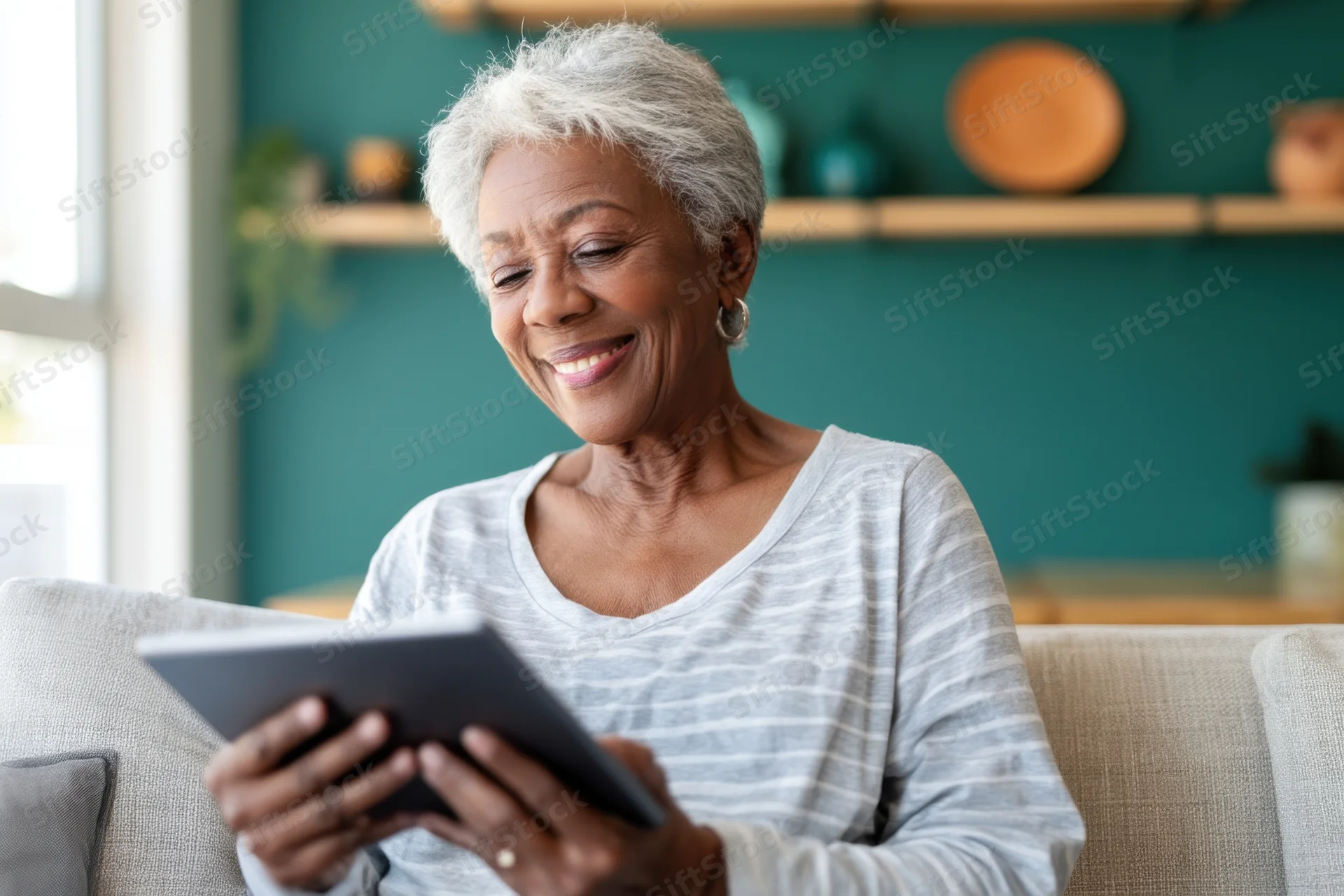Senior woman smiling while using tablet on couch in living room