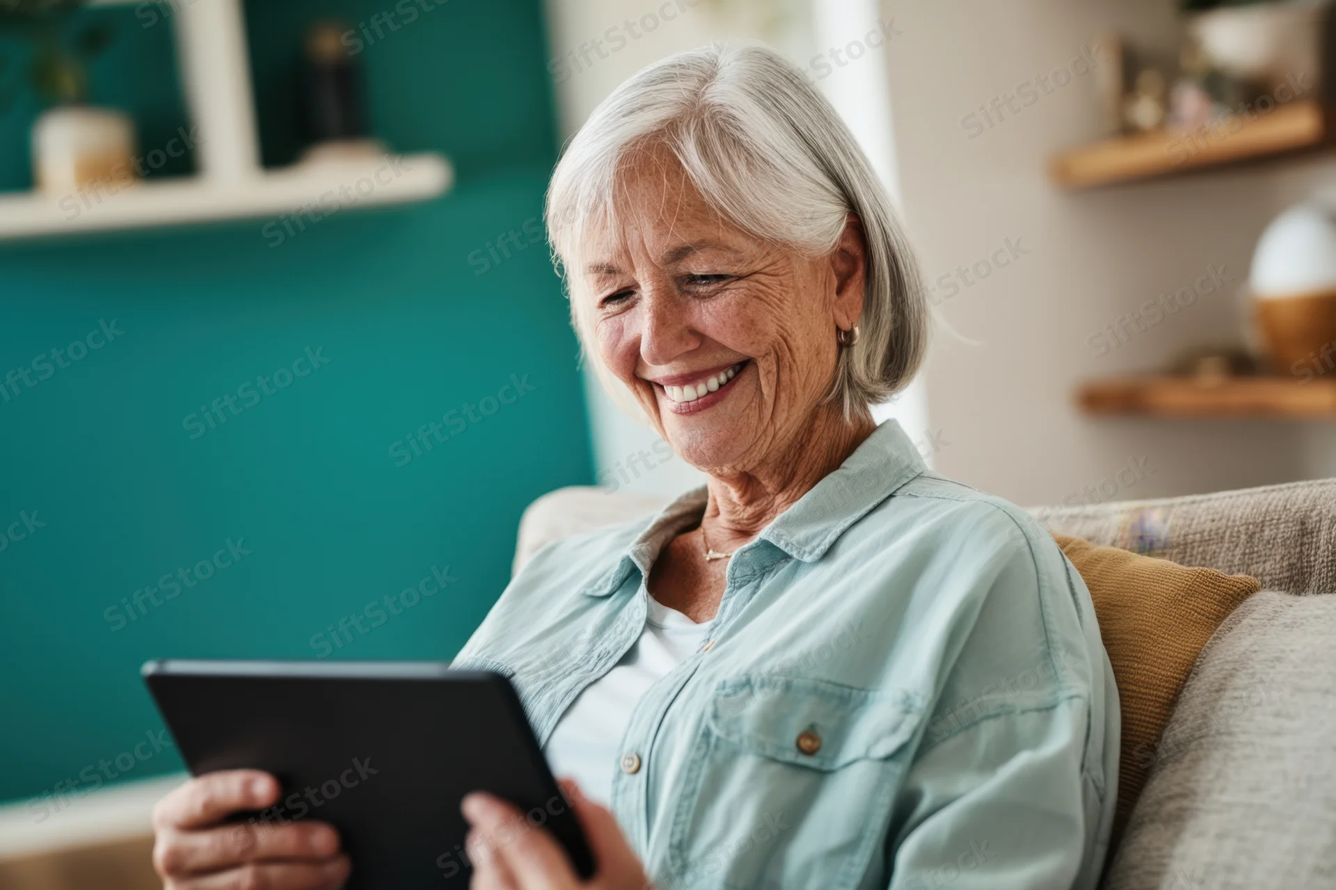 Elderly woman smiling while using tablet on couch in sunlit living room