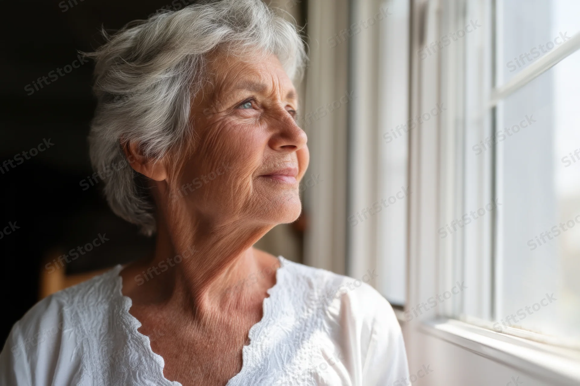 Senior woman in white embroidered blouse looking out window in natural light