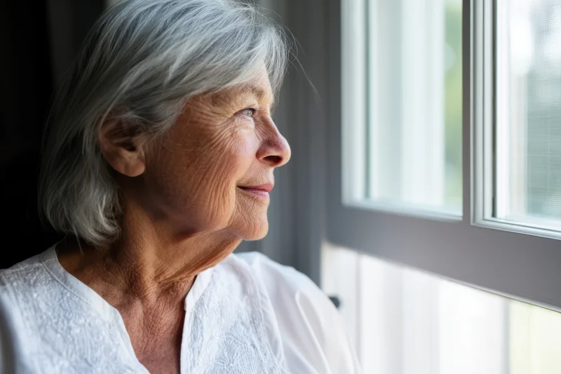 Elderly woman in profile looking out window in soft natural light