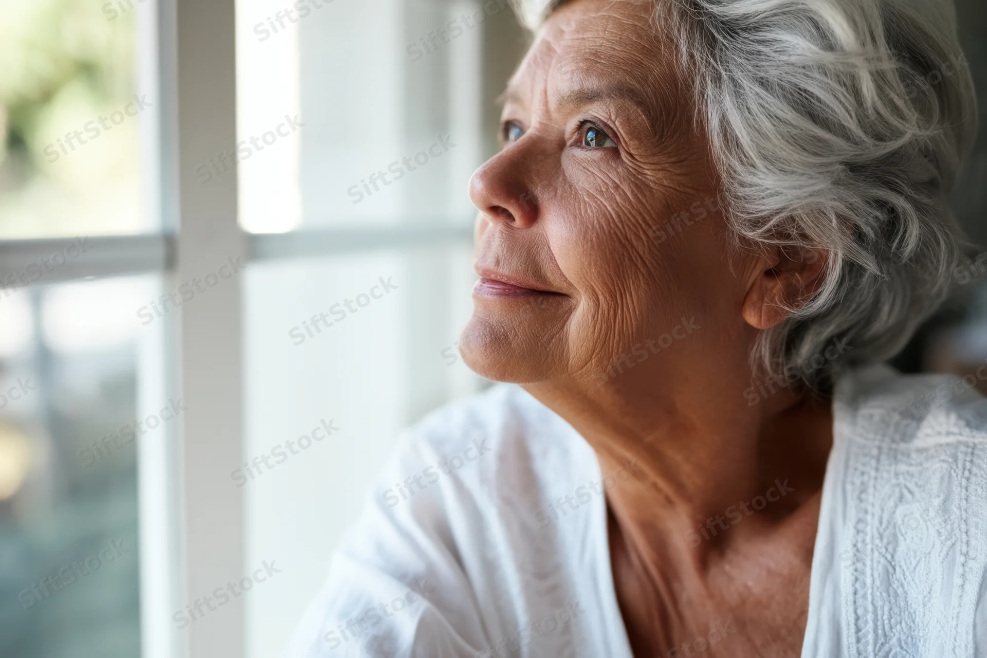 Senior woman with silver hair smiling softly while gazing out a window at home