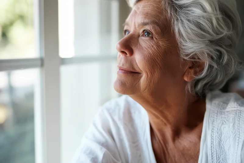 Senior woman with silver hair smiling softly while gazing out a window at home