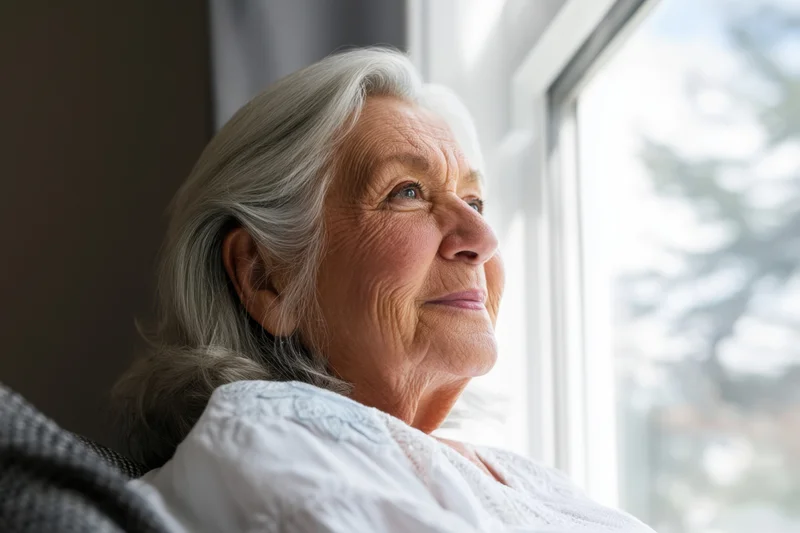 Elderly woman with silver hair looking out window in home setting