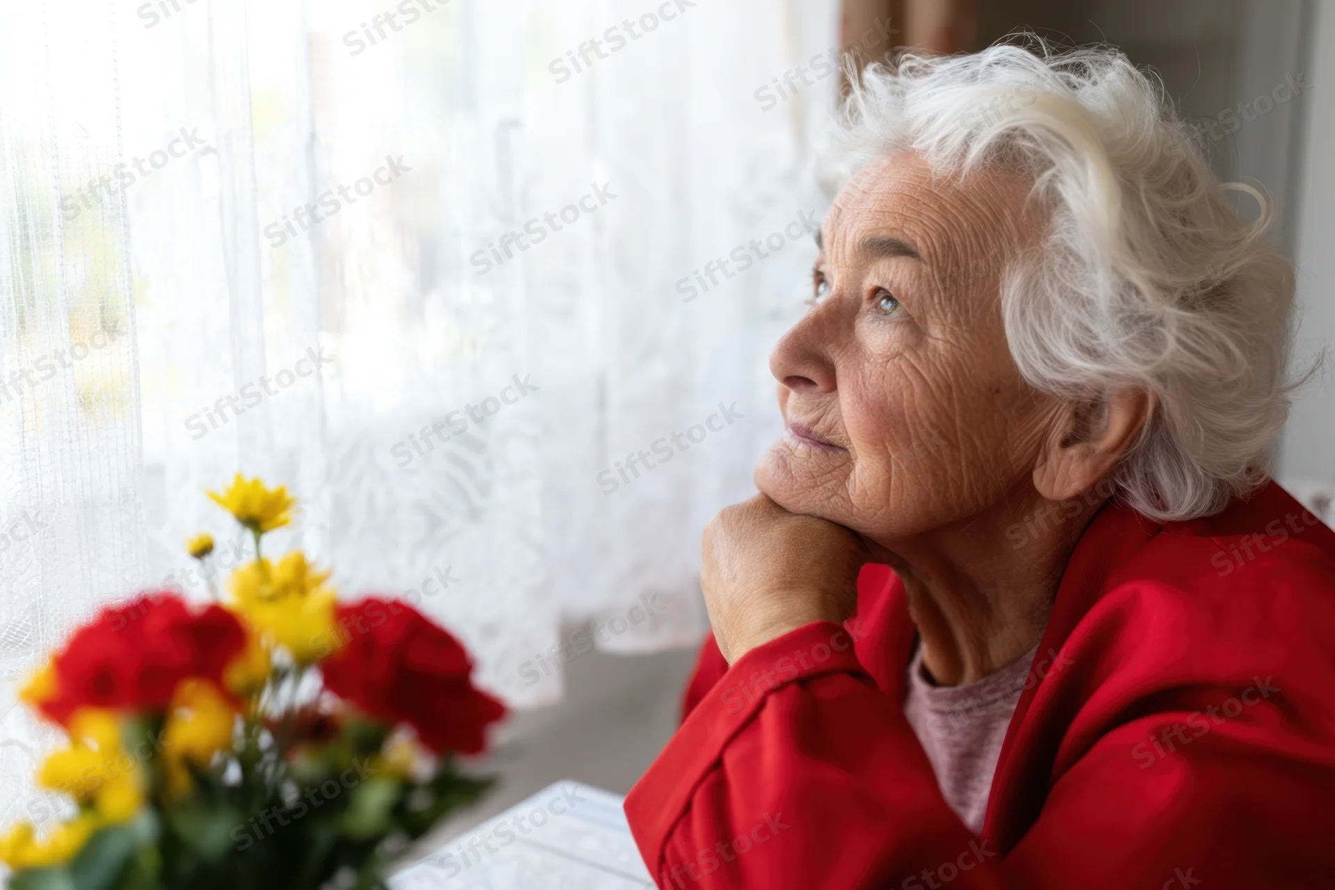 Elderly woman with white hair sitting by sunlit window, resting chin on hand, gazing outside, red jacket, flowers on table