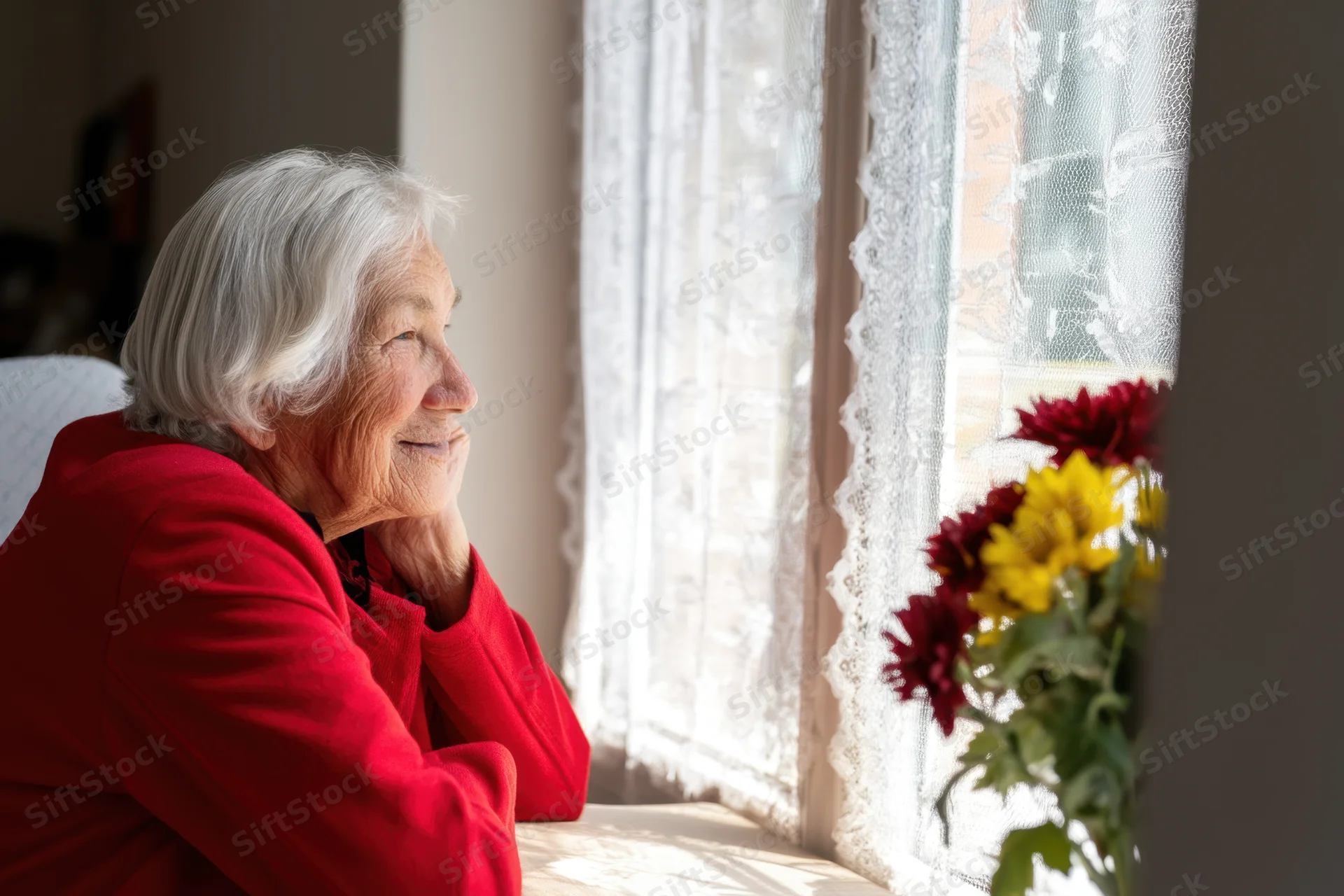 Elderly woman in red sweater smiling while looking out sunlit window with lace curtain and flowers nearby