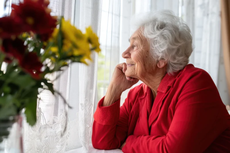Elderly woman in red blouse sitting by sunlit window with flowers, hand on chin, looking out contemplatively