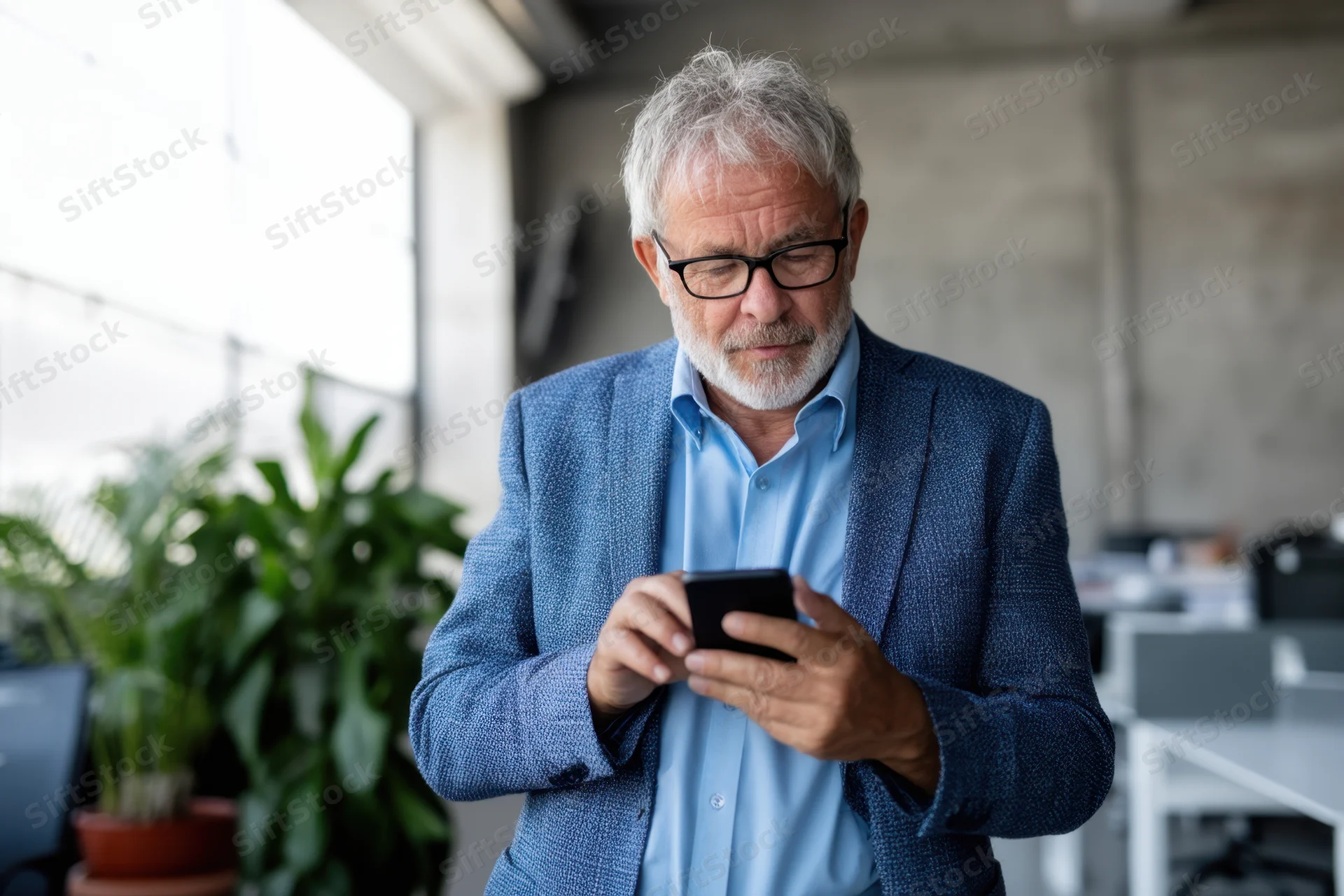 Senior man in blue blazer concentrating on smartphone in modern office interior