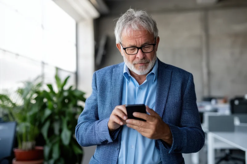 Senior man in blue blazer concentrating on smartphone in modern office interior