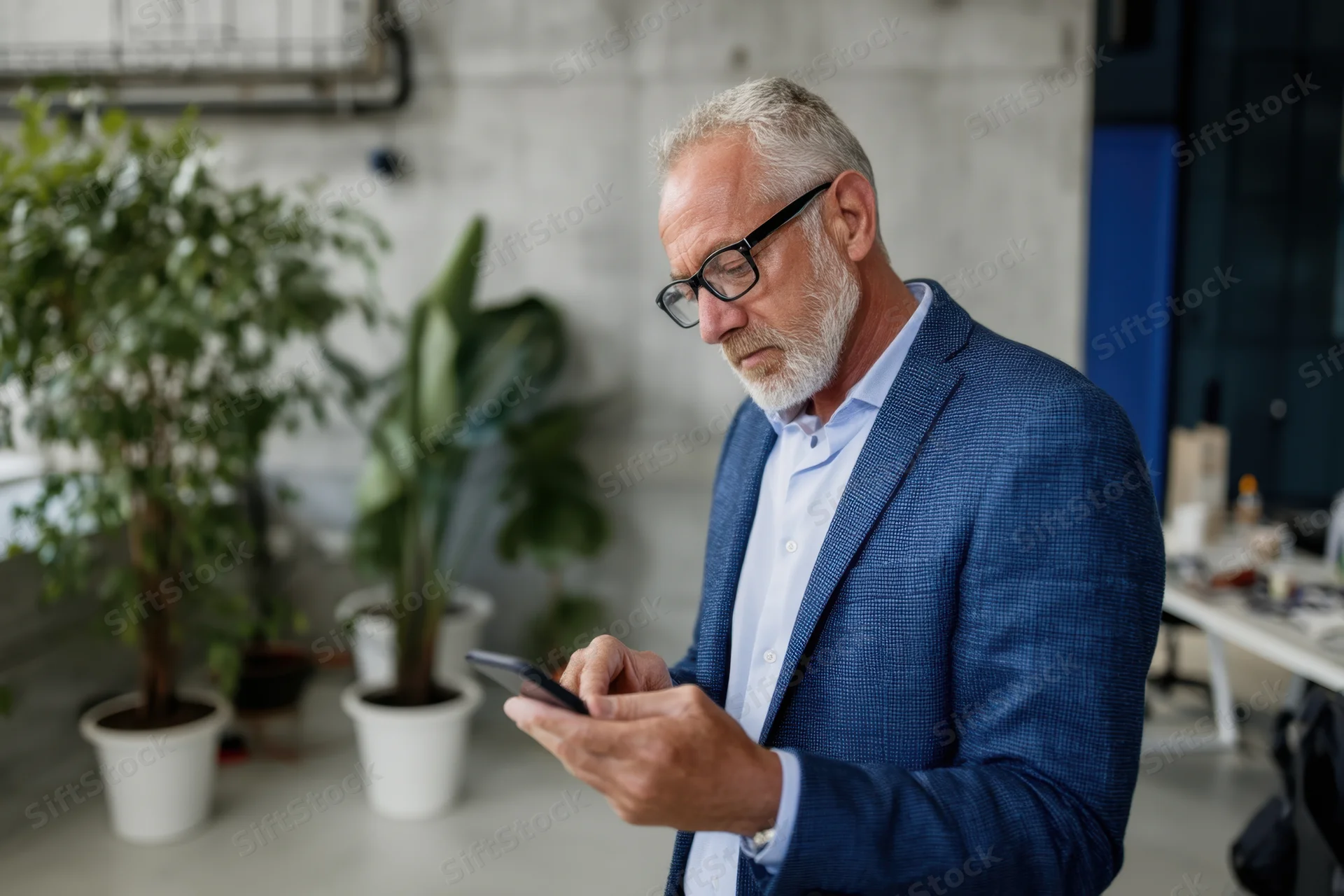 Senior man in blue blazer typing on smartphone in modern office workspace