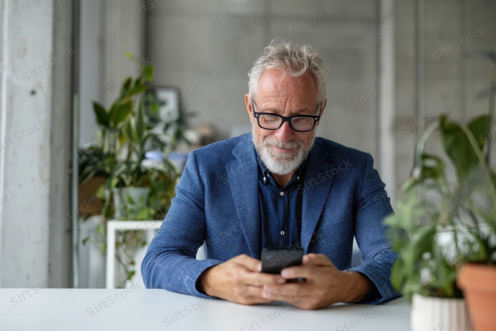 Senior man in blue blazer using smartphone at desk in modern office space with potted plants