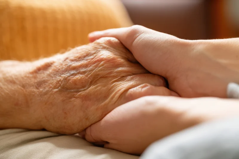 Closeup of a young hand holding an elderly person's wrinkled hand in a tender supportive gesture