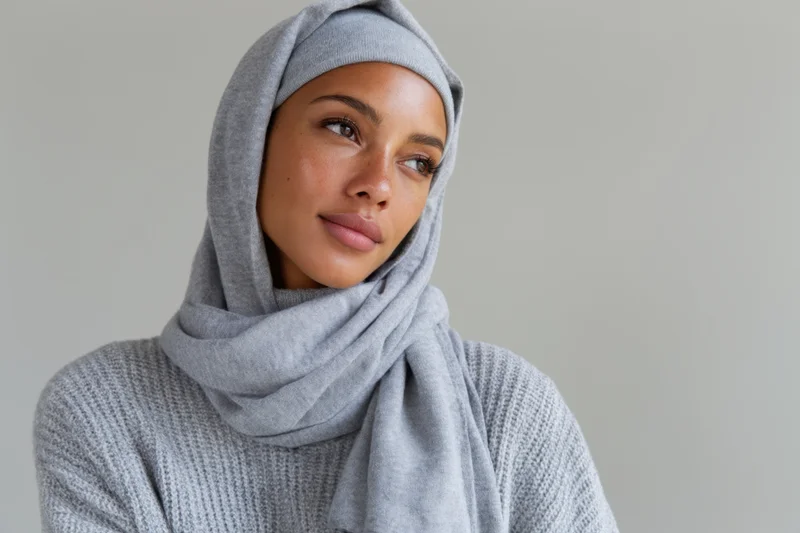 Woman wearing light gray hijab and matching sweater, looking off to the side in studio setting