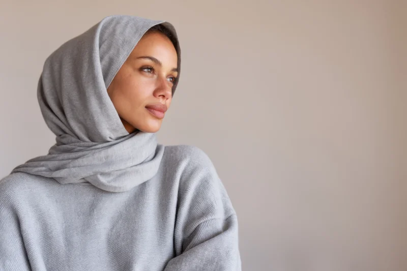 Woman in gray hijab and matching sweater looking off to the side in studio setting