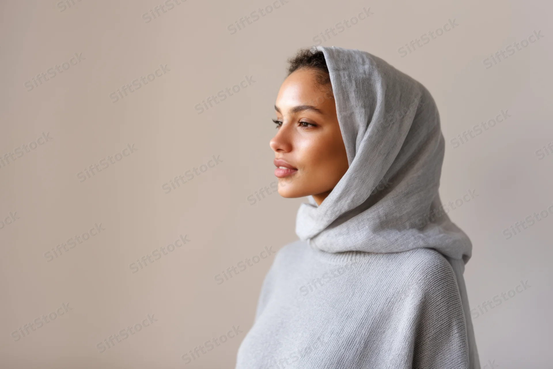 Woman in gray hijab and matching sweater in profile view against neutral background