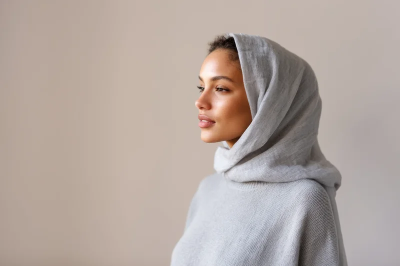 Woman in gray hijab and matching sweater in profile view against neutral background