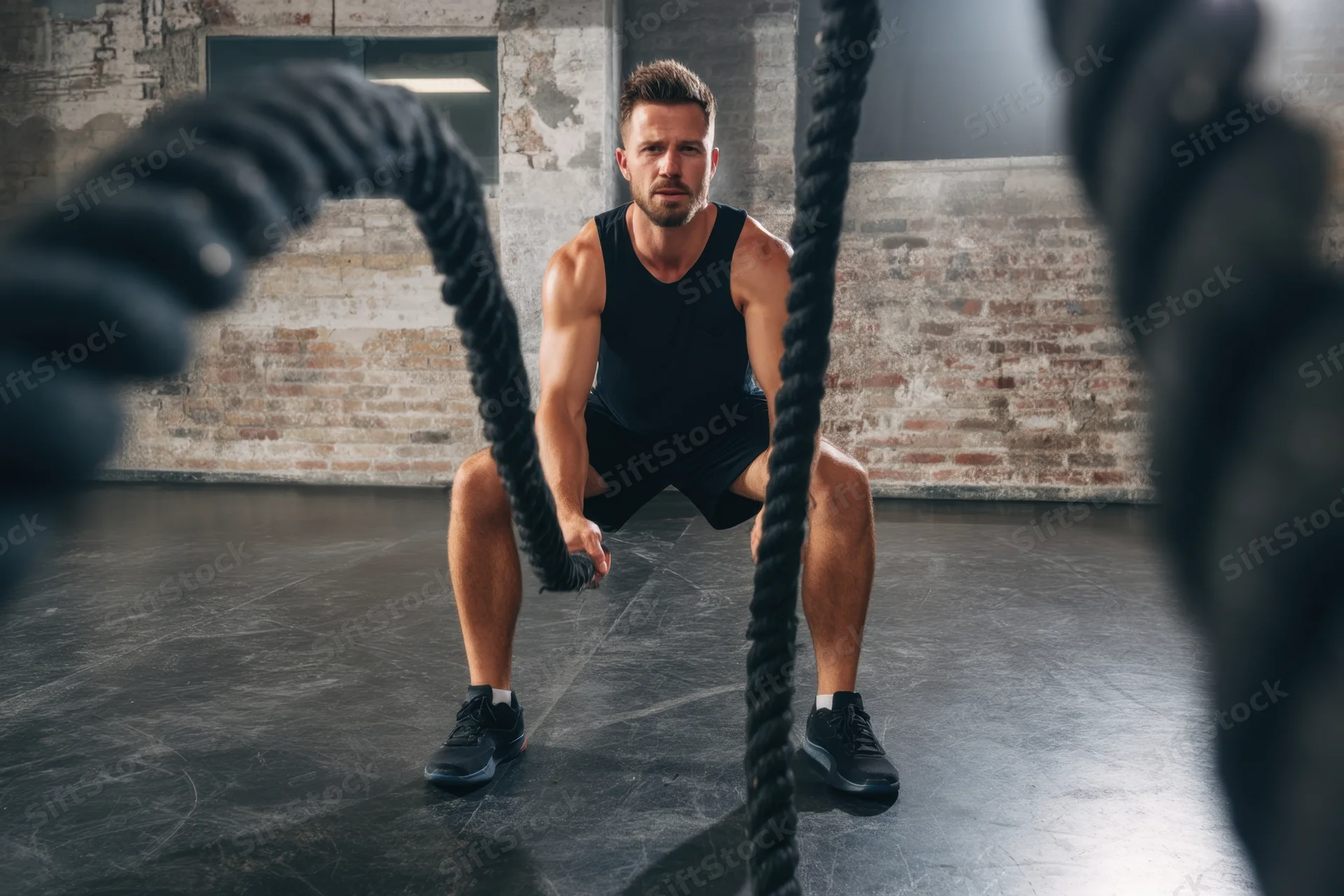 Man performing battle rope exercise in gym with focused expression