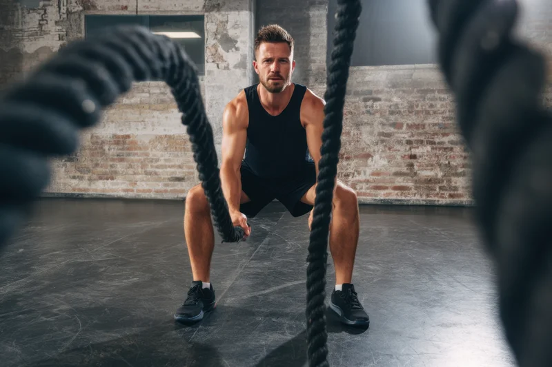 Man performing battle rope exercise in gym with focused expression