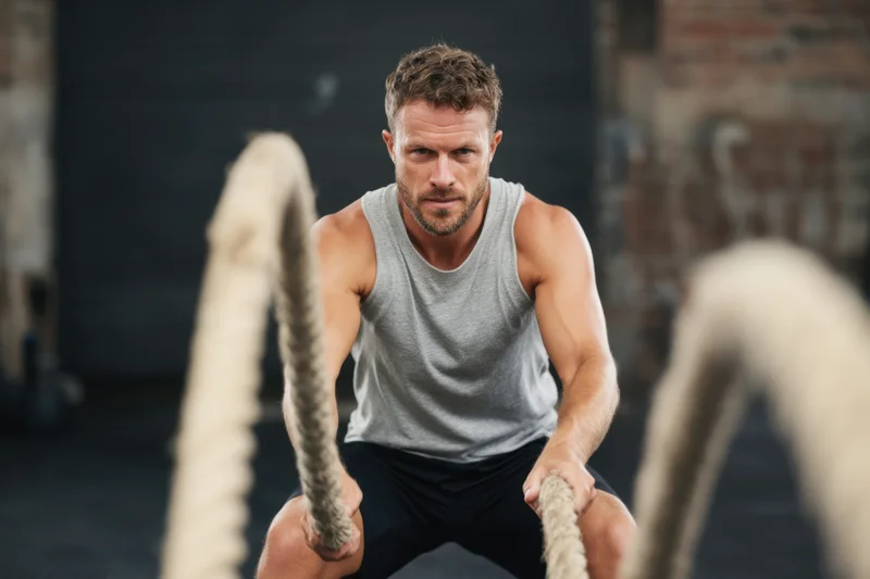 Man pulling battle ropes with intense focus in a gym