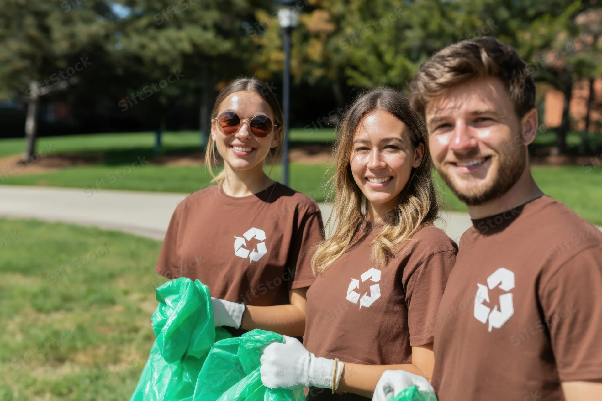 Three volunteers in brown recycling shirts holding green trash bags in a sunny park