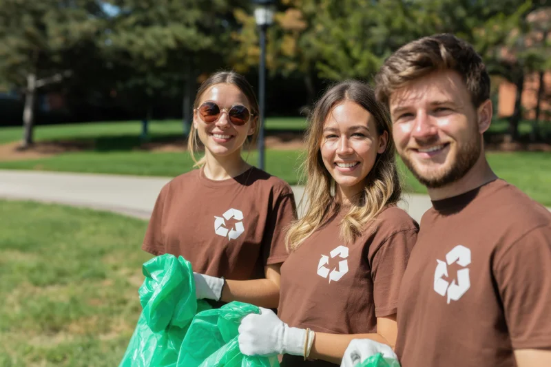 Three volunteers in brown recycling shirts holding green trash bags in a sunny park