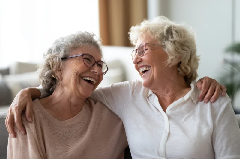 Two elderly women laughing together with arms around each other on a couch indoors