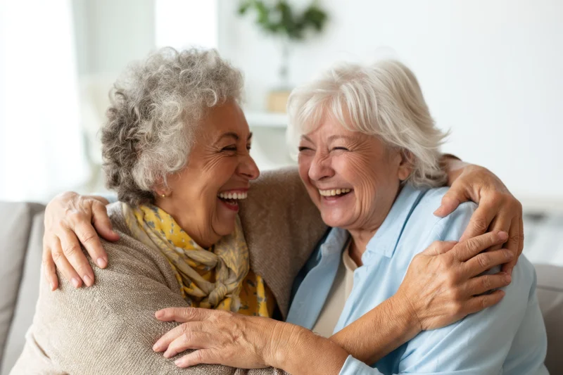 Two elderly women hugging and laughing together on a couch in a living room